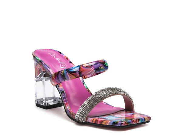 Clear Block Heeled Marble Print Slides