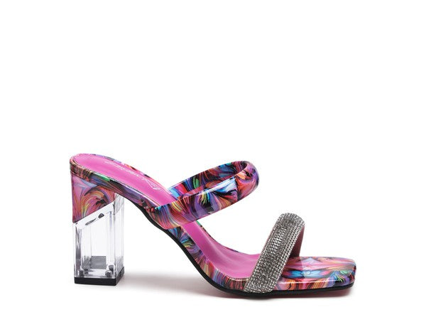 Clear Block Heeled Marble Print Slides