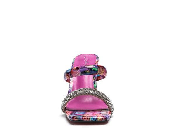 Clear Block Heeled Marble Print Slides