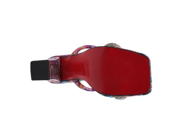 Clear Block Heeled Marble Print Slides