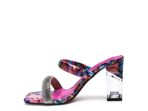 Clear Block Heeled Marble Print Slides
