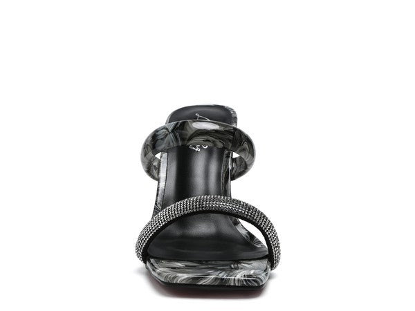 Clear Block Heeled Marble Print Slides