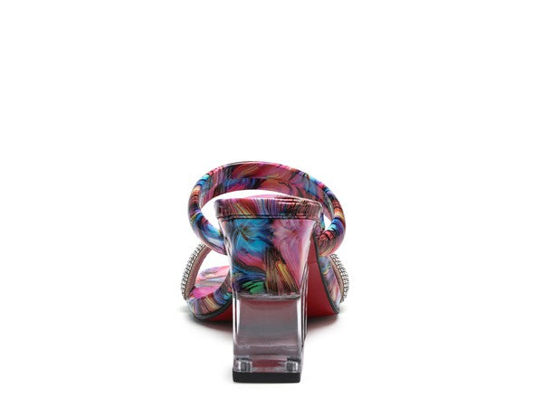 Clear Block Heeled Marble Print Slides