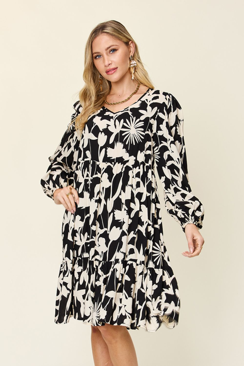 Printed Ruffle Hem Long Sleeve Dress