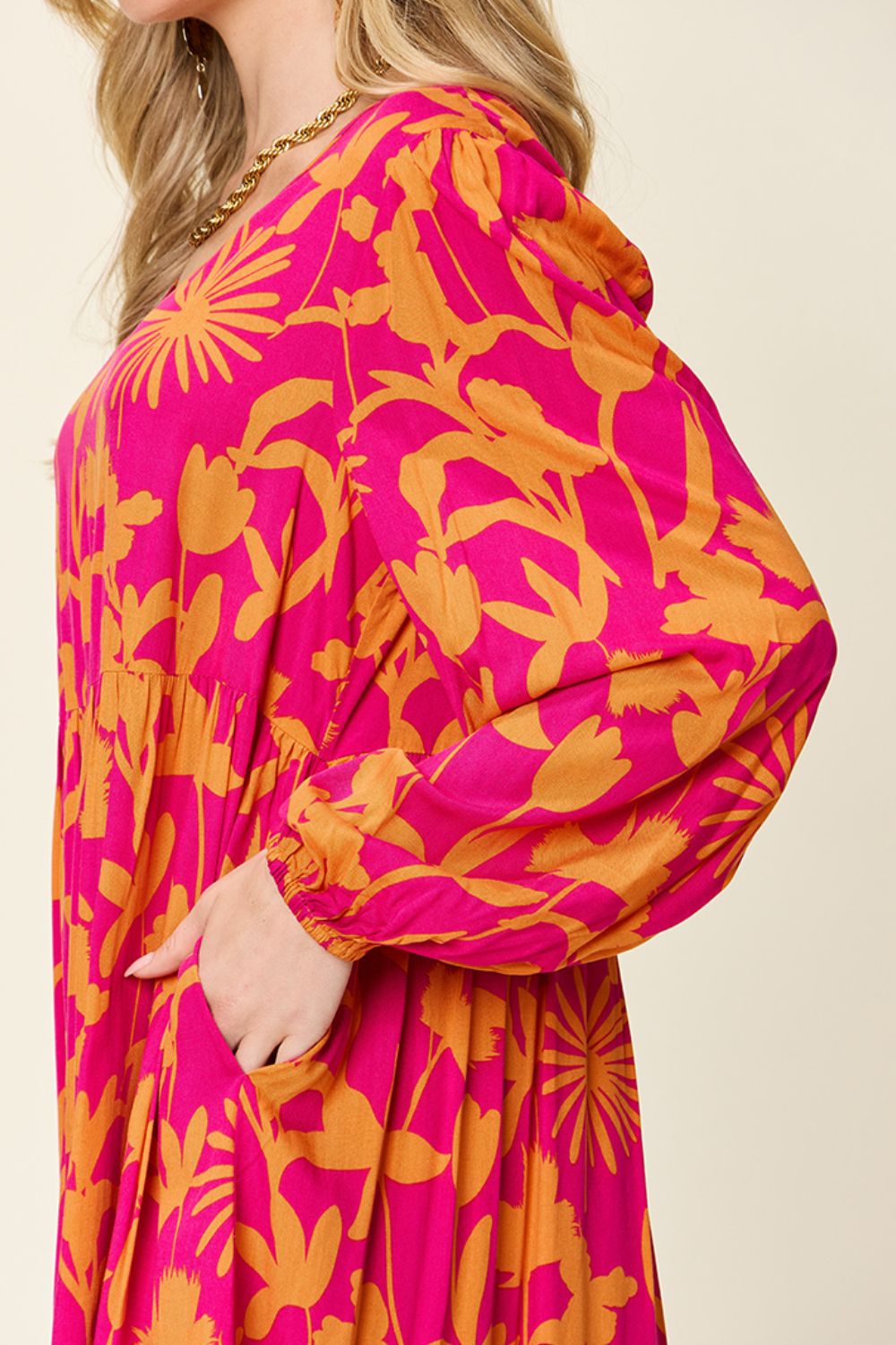 Printed Ruffle Hem Long Sleeve Dress