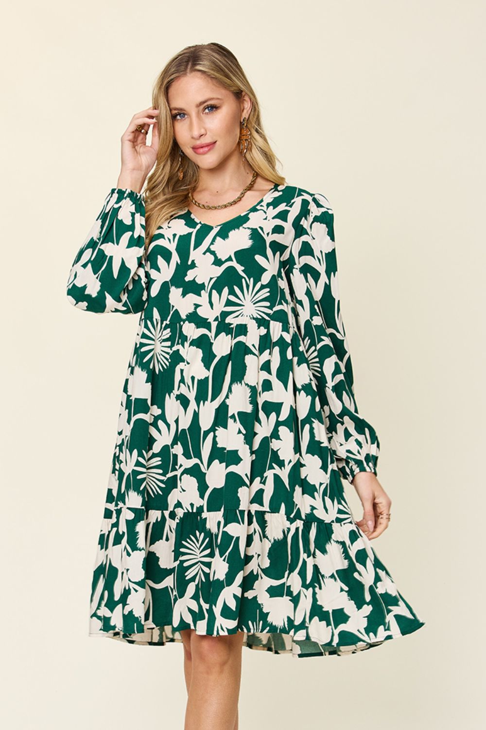 Printed Ruffle Hem Long Sleeve Dress