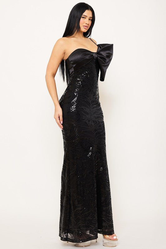 Satin with Patterned Sequin Body Maxi Dress