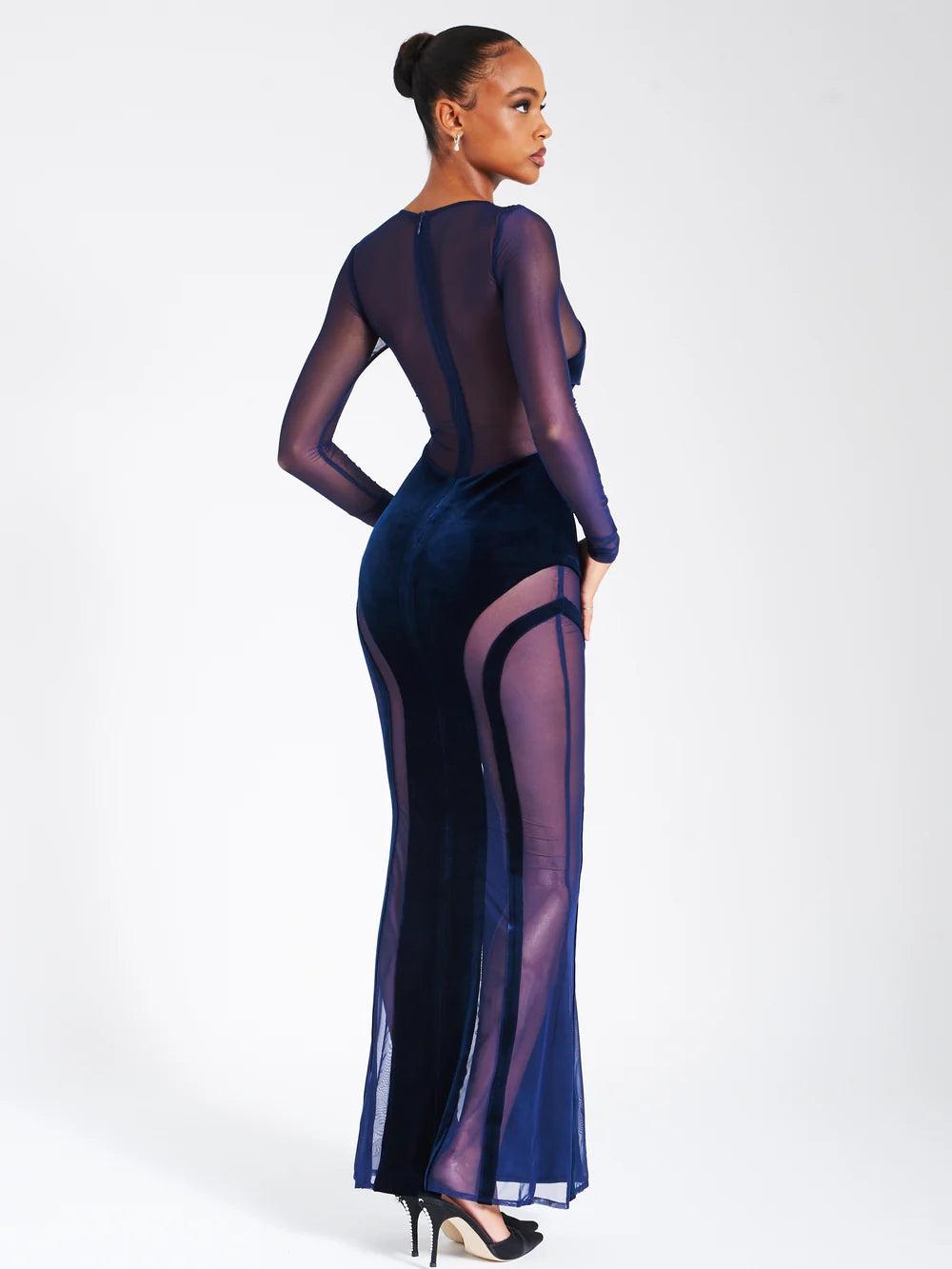Lady Navy Velvet Maxi Dress with Mesh Detailing