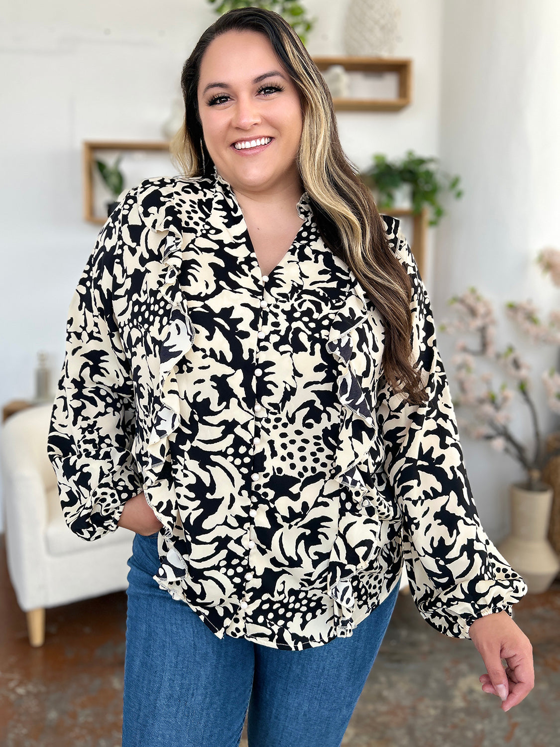 Printed Ruffle Trim Balloon Sleeve Shirt