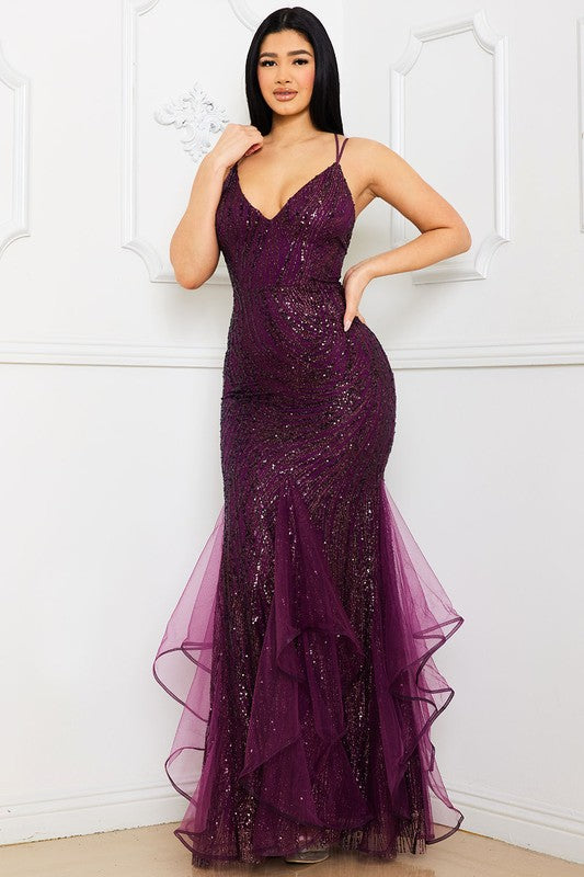 Maroon Glitter Swirl Patterned Maxi Dress