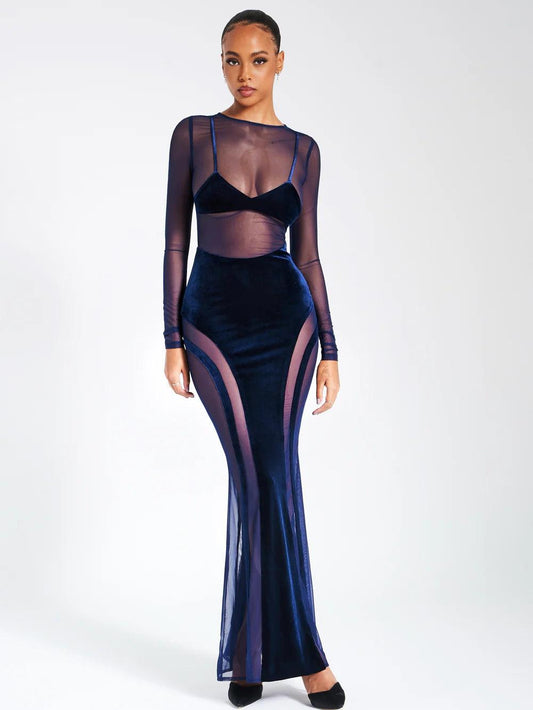 Lady Navy Velvet Maxi Dress with Mesh Detailing