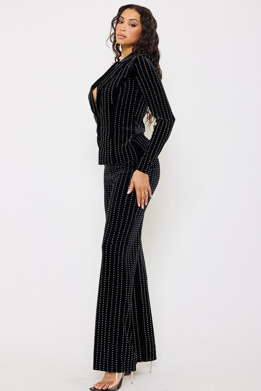 Velvet Striped Rhinestone Suit Set