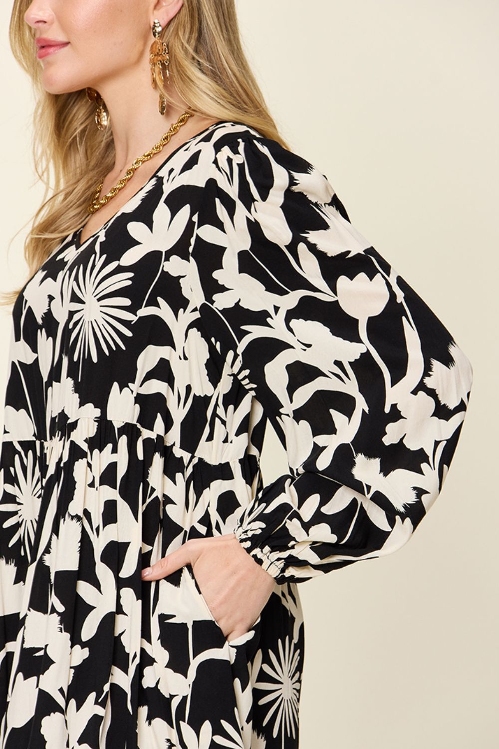 Printed Ruffle Hem Long Sleeve Dress