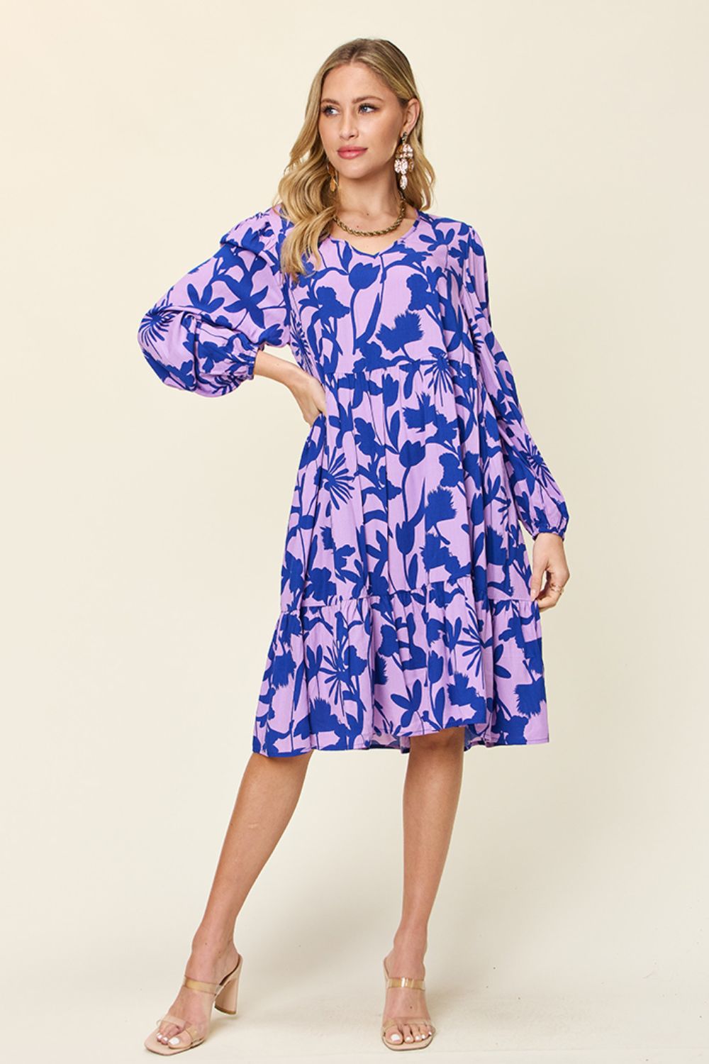 Printed Ruffle Hem Long Sleeve Dress