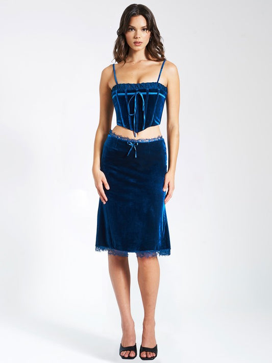 Blue Velvet Corset Top With Lace Trim