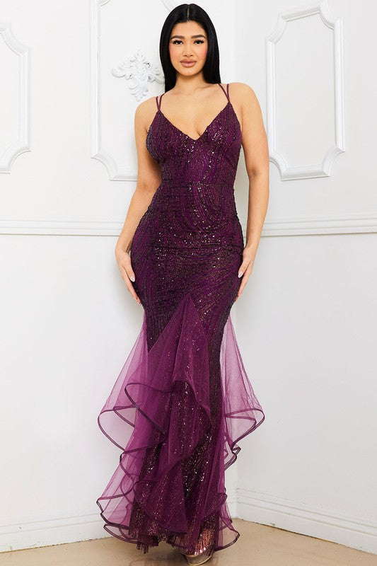 Maroon Glitter Swirl Patterned Maxi Dress