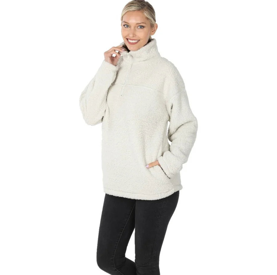 White Sherpa Fleece Pullover