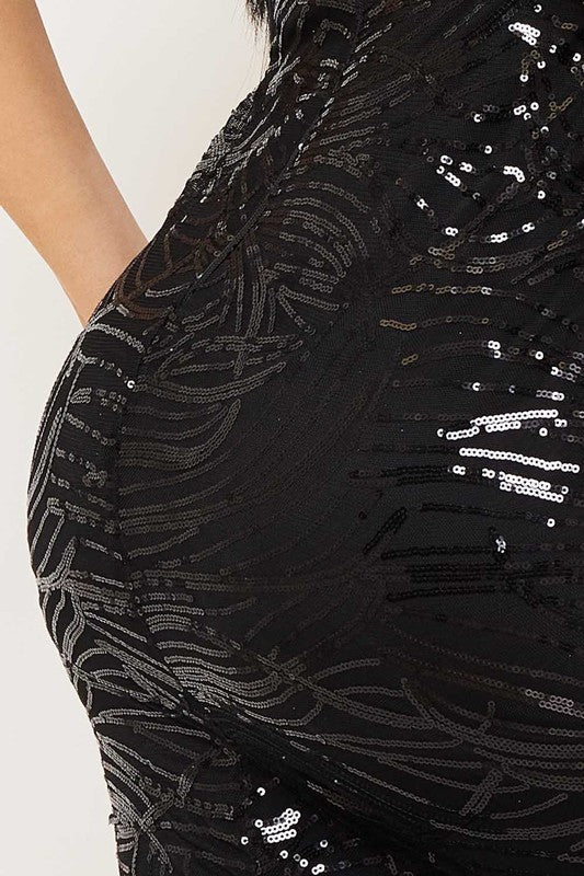 Satin with Patterned Sequin Body Maxi Dress