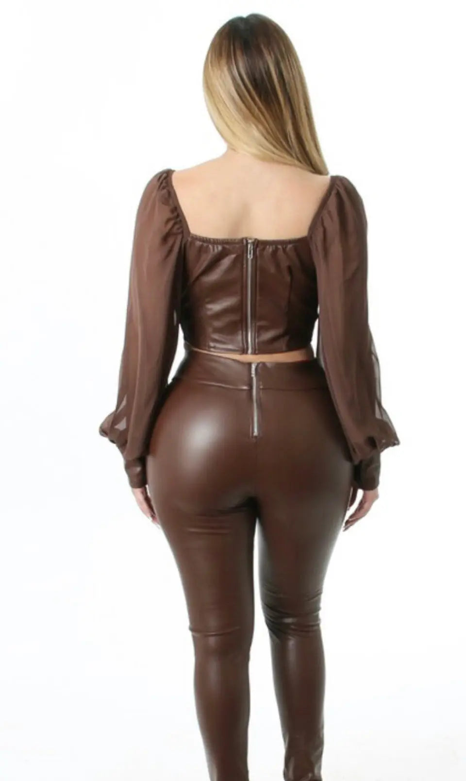 Faux Leather Sheer Sleeve top and leather pants set estilomunecaboutique