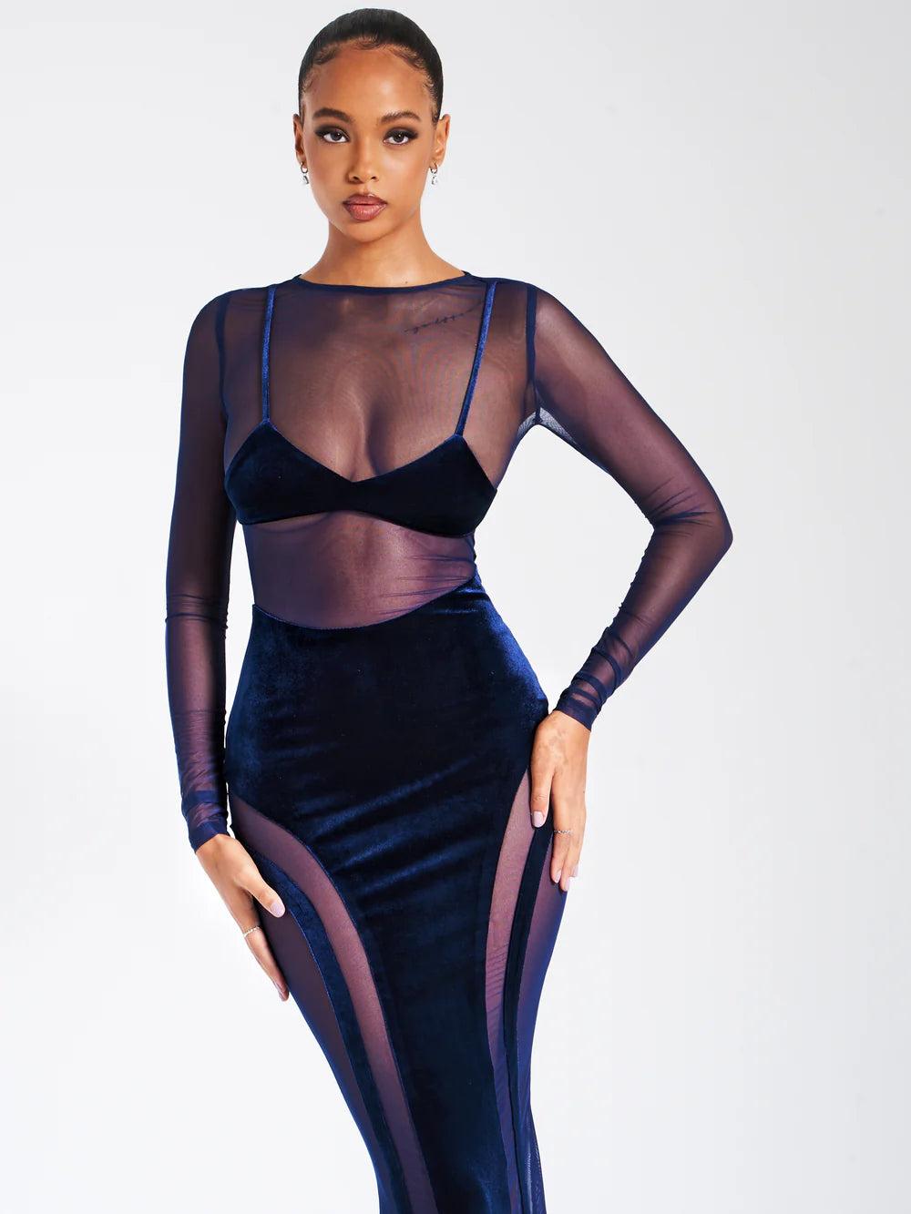 Lady Navy Velvet Maxi Dress with Mesh Detailing