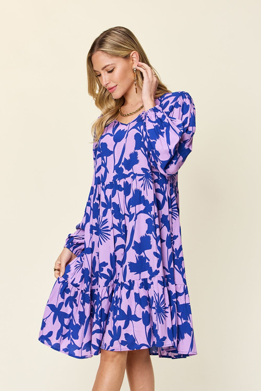 Printed Ruffle Hem Long Sleeve Dress