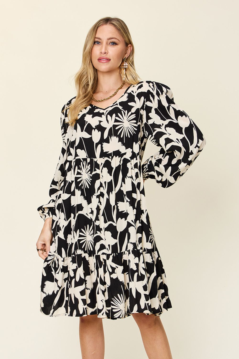 Printed Ruffle Hem Long Sleeve Dress