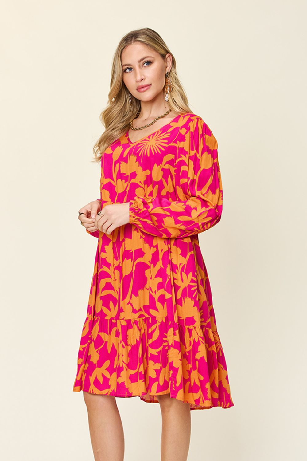 Printed Ruffle Hem Long Sleeve Dress