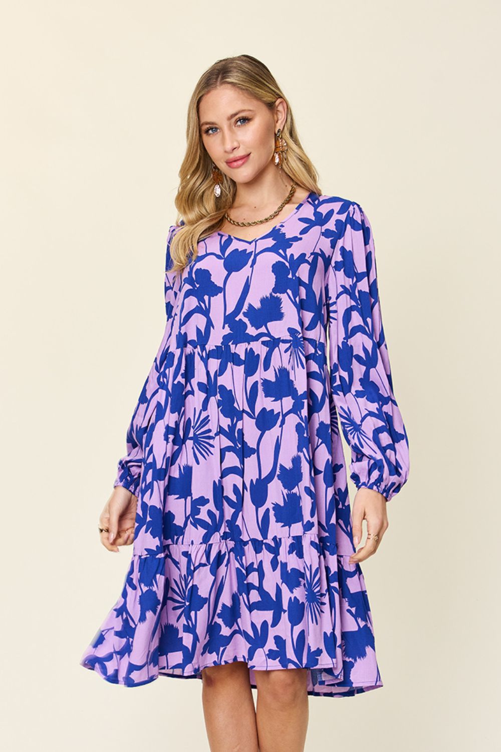 Printed Ruffle Hem Long Sleeve Dress