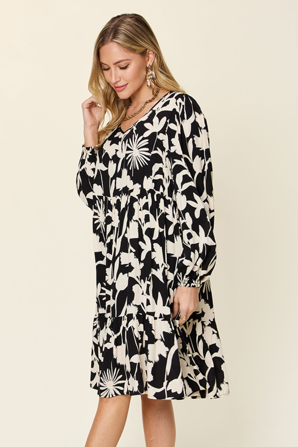 Printed Ruffle Hem Long Sleeve Dress
