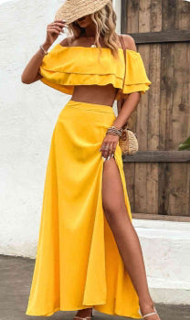 Off-shoulder layered crop top and split maxi skirt set yellow