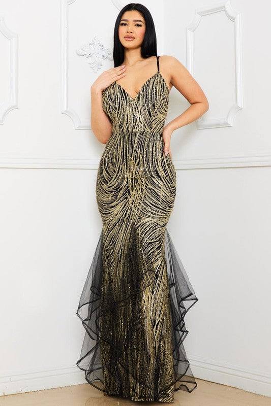 Gold Glitter Swirl Patterned Maxi Dress