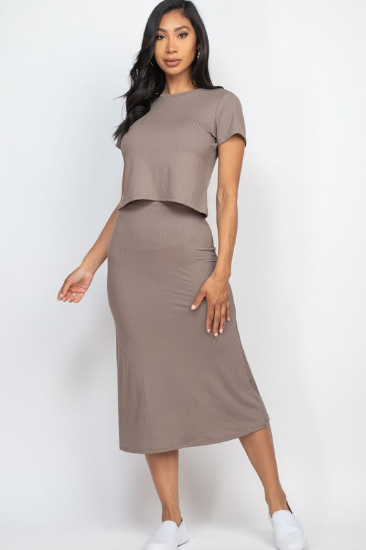 Ribbed Solid Top & Midi Skirt Set