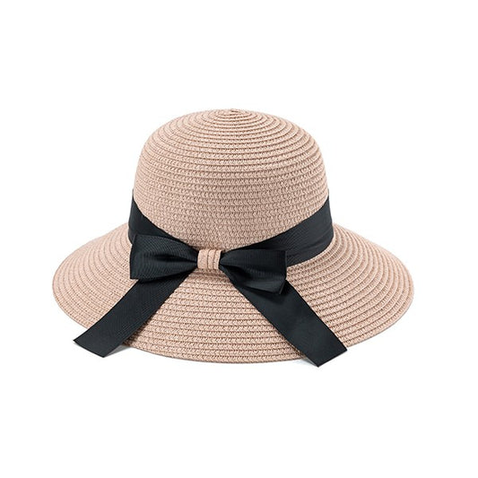 PINK STRAW BUCKET HAT W/ RIBBON SUN HAT