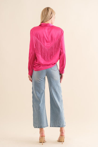 Satin Shirt Blouse with Chevron Fringe