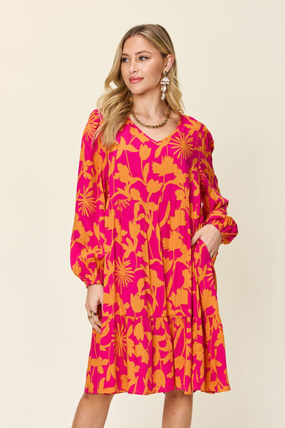 Printed Ruffle Hem Long Sleeve Dress