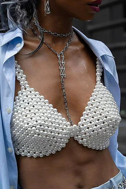 Faux Pearl Braided Bra Top