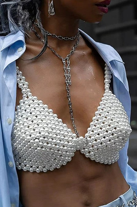 Faux Pearl Braided Bra Top
