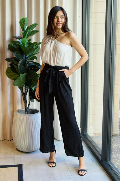 One-Shoulder Jumpsuit in White/Black