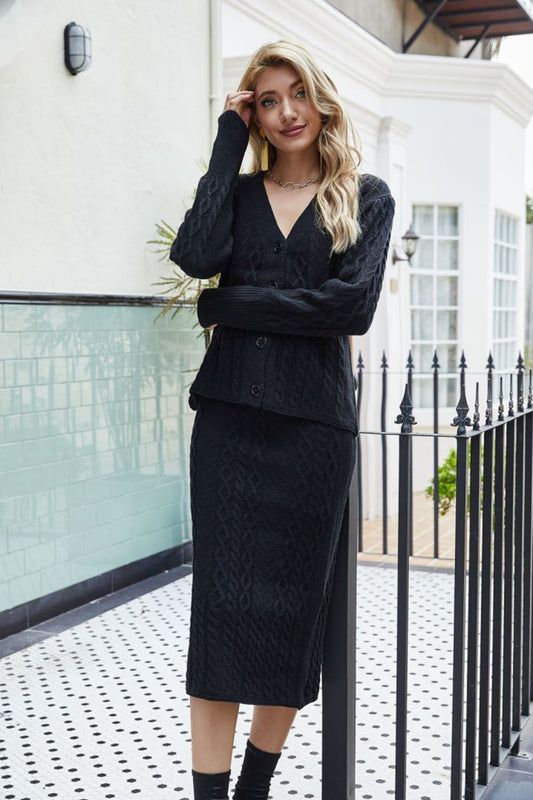 Knit V-Neck Cardigan and Knit Skirt Set