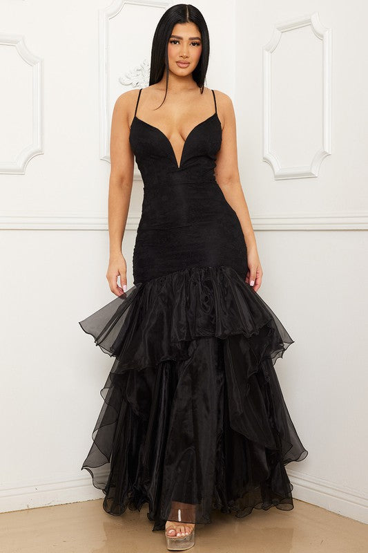 Lace and Chiffon Ruffle Mermaid Maxi Dress