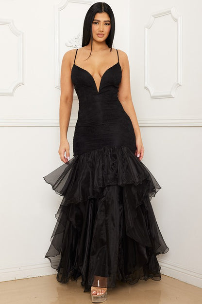 Lace and Chiffon Ruffle Mermaid Maxi Dress