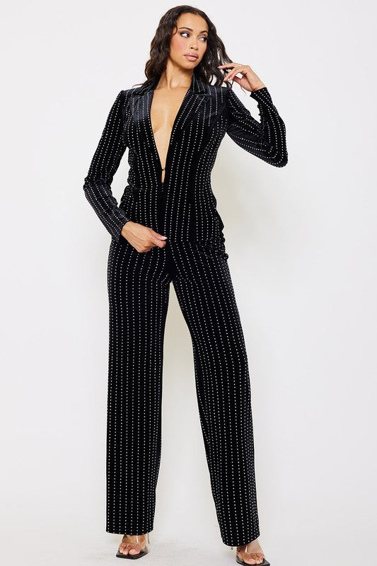 Velvet Striped Rhinestone Suit Set