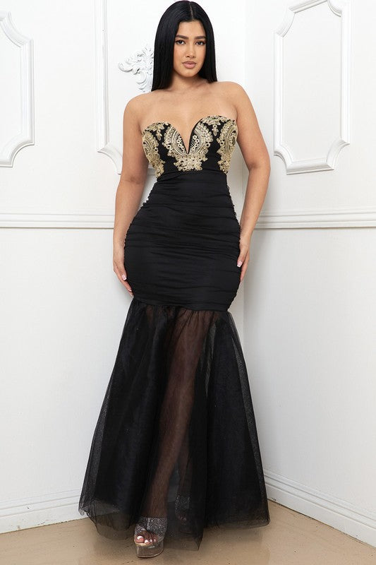 Embroidered Lace Bust on Mesh Mermaid Maxi Dress