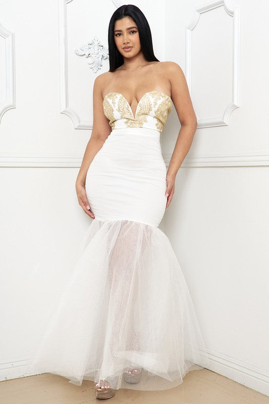 Embroidered Lace Bust on Mesh Mermaid Maxi Dress