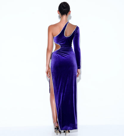 Purple One Sleeve Crystal Velvet Gown