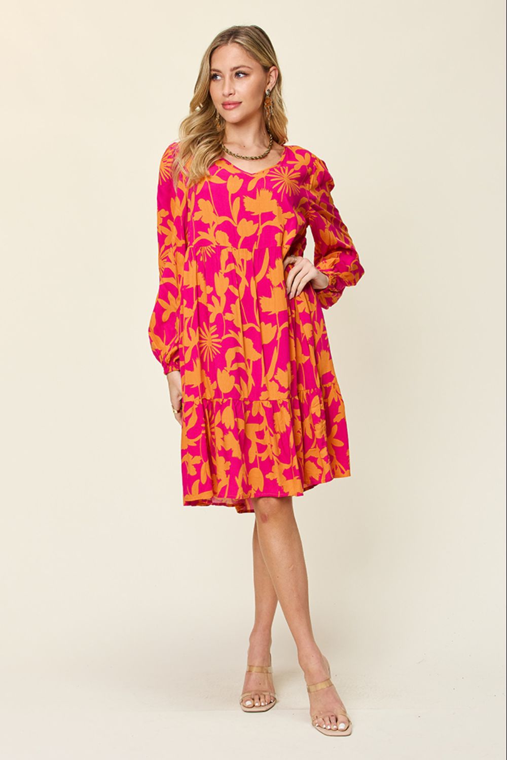 Printed Ruffle Hem Long Sleeve Dress
