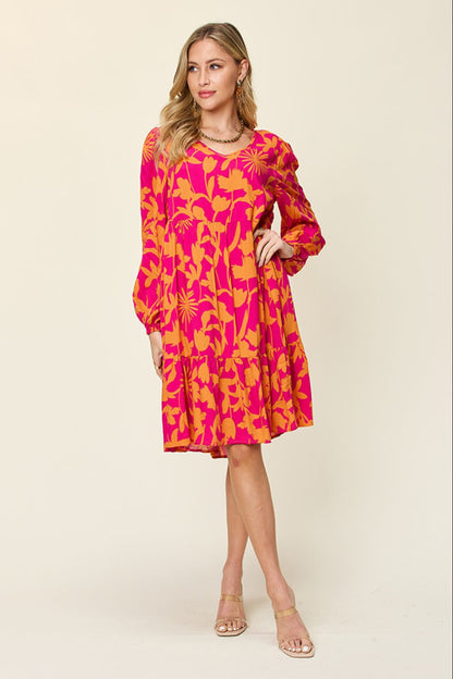 Printed Ruffle Hem Long Sleeve Dress