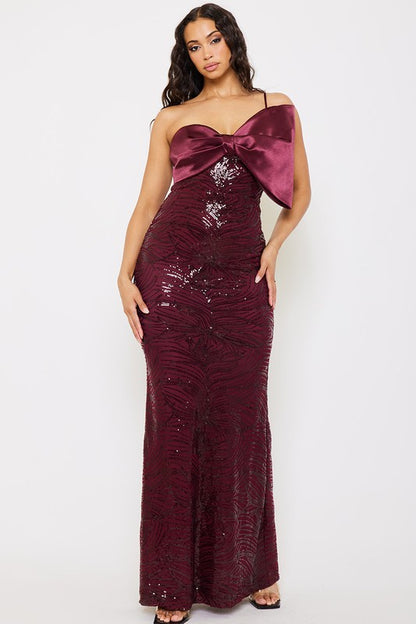 Satin with Patterned Sequin Body Maxi Dress