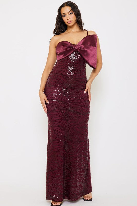 Satin with Patterned Sequin Body Maxi Dress