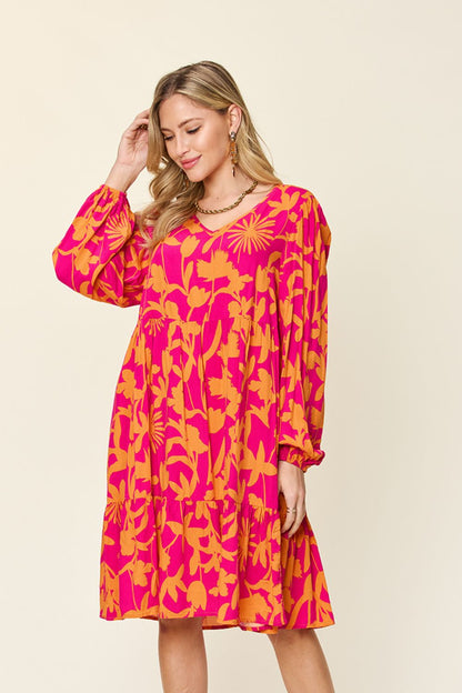 Printed Ruffle Hem Long Sleeve Dress